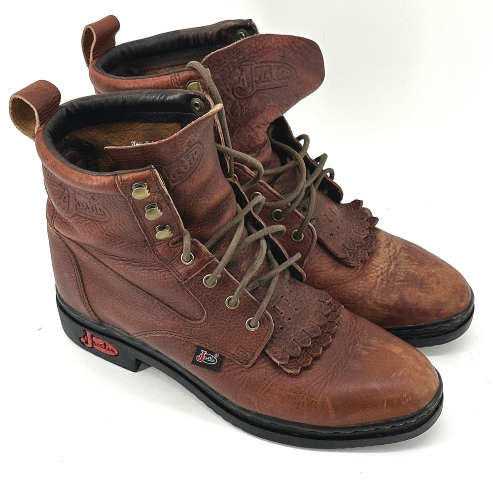 Justin L6902 Lace Up Kiltie Boots Women 9 B Brown Leather Cowgirl Rodeo Western